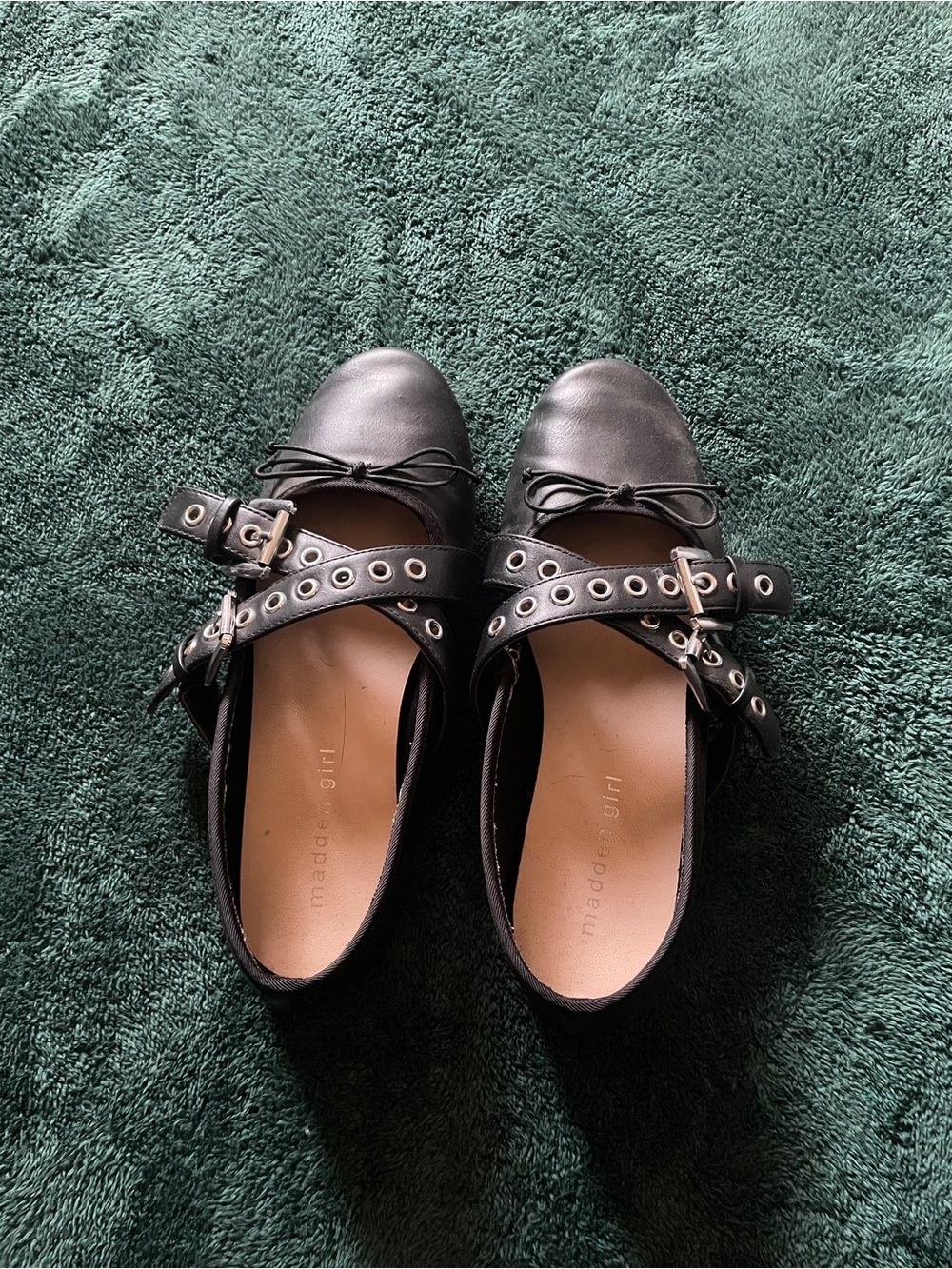 Madden Girl Black Leather Mary Janes with Bow and Grommet Straps